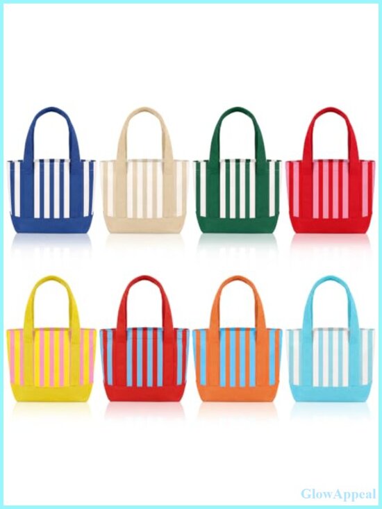 Handbags - 8 Pack Canvas Tote Bags Striped Mini Reusable Shopping Beach Set